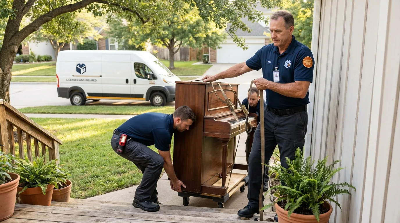 Licensed piano movers securing grand piano in Wilson, NY