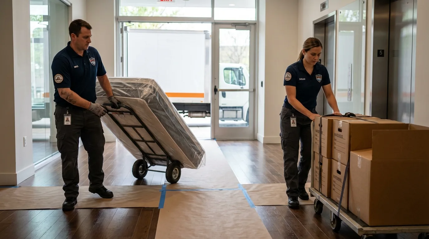 Professional apartment movers loading elevator in Wilson, NY