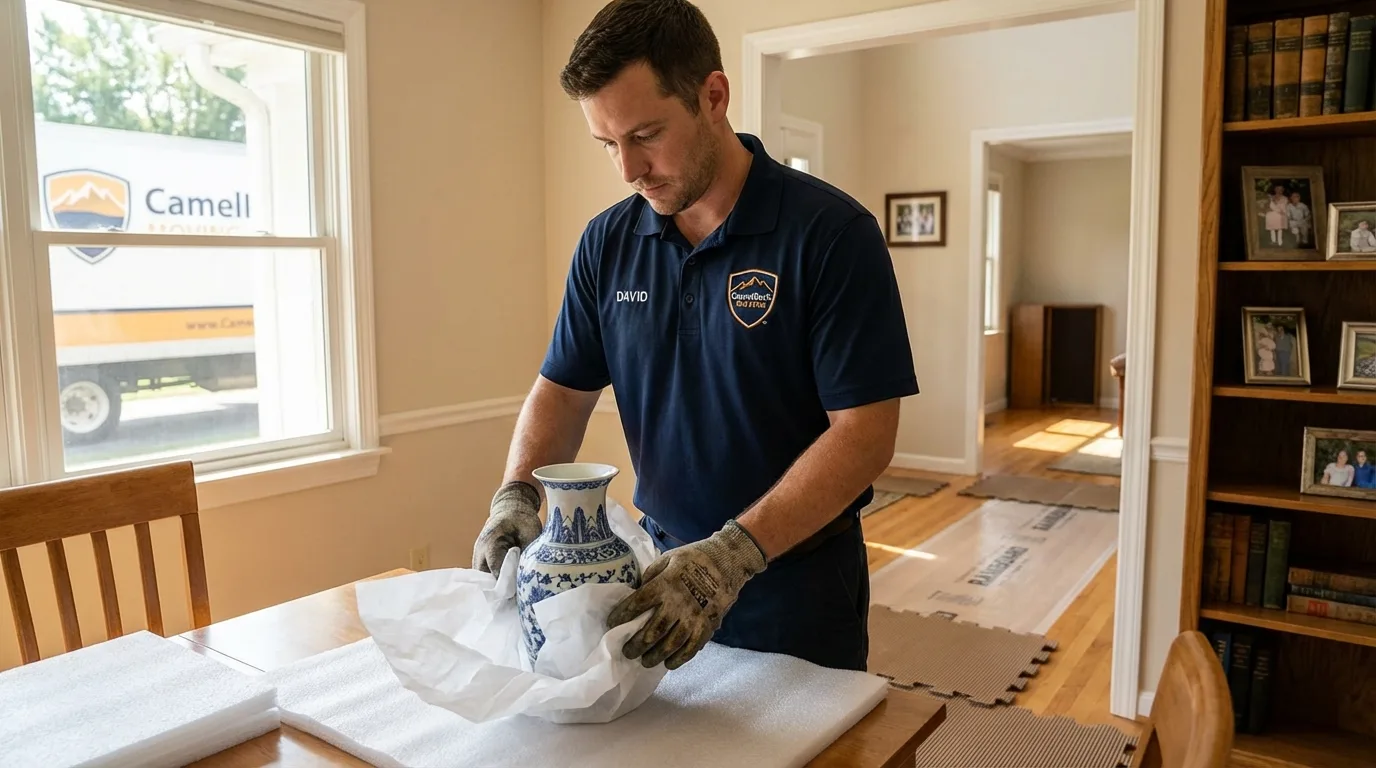 Professional crew carefully wrapping antique vase for senior downsizing move in Wilson, NY