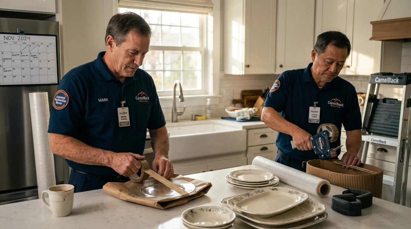 Professional crew packing kitchen dishware in Wilson, NY